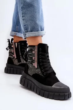 Damskie Boto Wysokie Trampki Damskie Na Masywnej Platformie Czarne Wonise