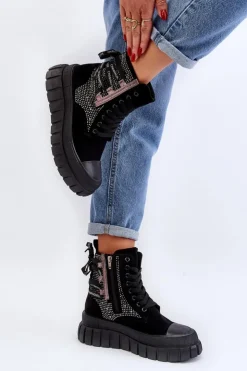 Damskie Boto Wysokie Trampki Damskie Na Masywnej Platformie Czarne Wonise