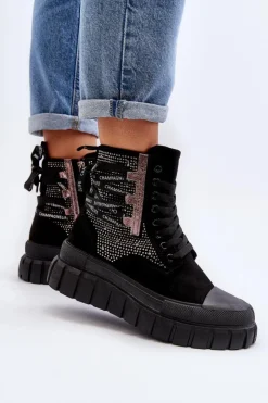 Damskie Boto Wysokie Trampki Damskie Na Masywnej Platformie Czarne Wonise