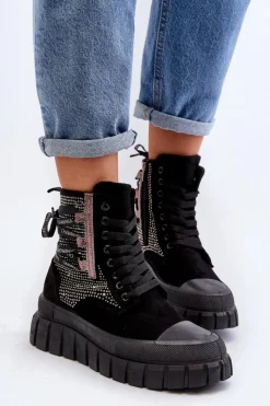 Damskie Boto Wysokie Trampki Damskie Na Masywnej Platformie Czarne Wonise