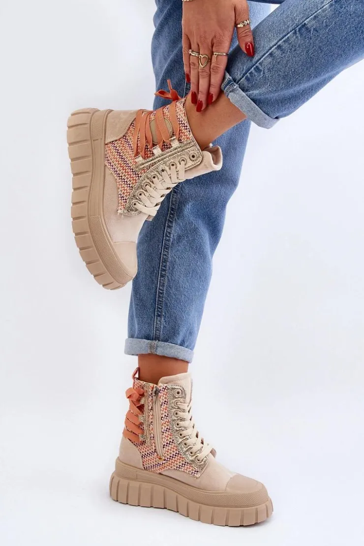 Boto Trampki Damskie Wysokie*Wysokie Trampki Damskie Na Masywnej Platformie Beżowe Kernia Beżowy