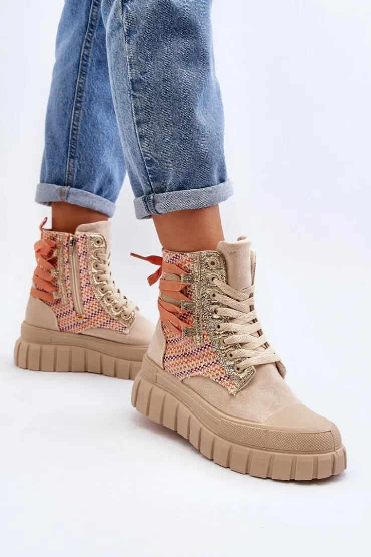 Boto Trampki Damskie Wysokie*Wysokie Trampki Damskie Na Masywnej Platformie Beżowe Kernia Beżowy