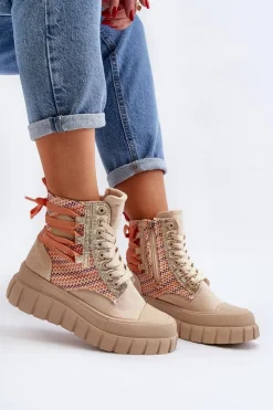 Boto Trampki Damskie Wysokie*Wysokie Trampki Damskie Na Masywnej Platformie Beżowe Kernia Beżowy