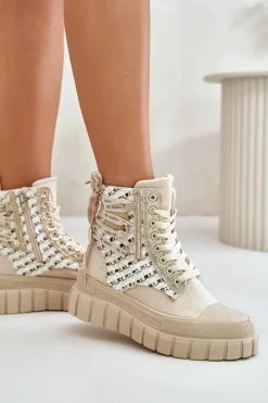 Boto Trampki Damskie Wysokie*Wysokie Trampki Damskie Na Masywnej Platformie Jasnobeżowe Kernia Beżowy