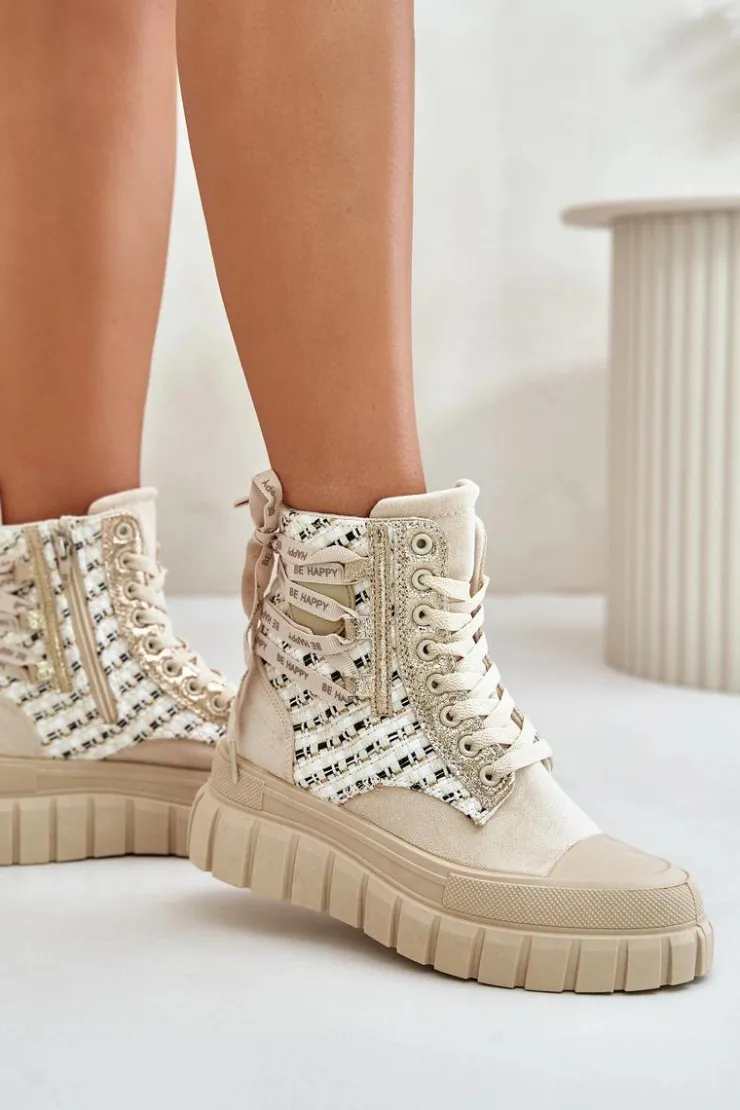 Boto Trampki Damskie Wysokie*Wysokie Trampki Damskie Na Masywnej Platformie Jasnobeżowe Kernia Beżowy