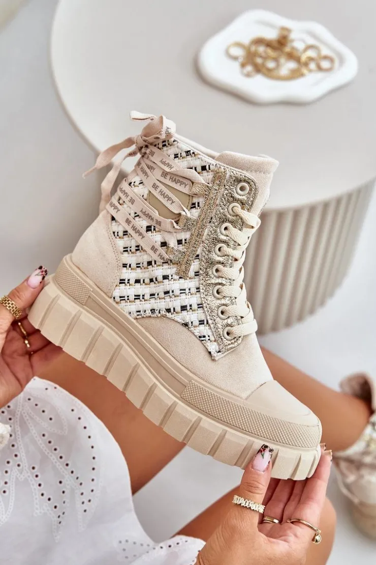 Boto Trampki Damskie Wysokie*Wysokie Trampki Damskie Na Masywnej Platformie Jasnobeżowe Kernia Beżowy