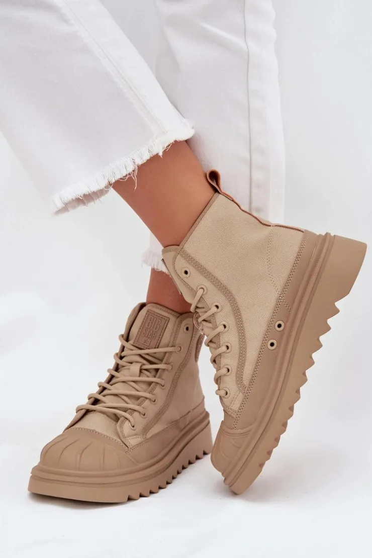Outlet Big Star Shoes Wysokie Trampki Damskie Ocieplane Big Star OO274A356 Beżowe Beżowy