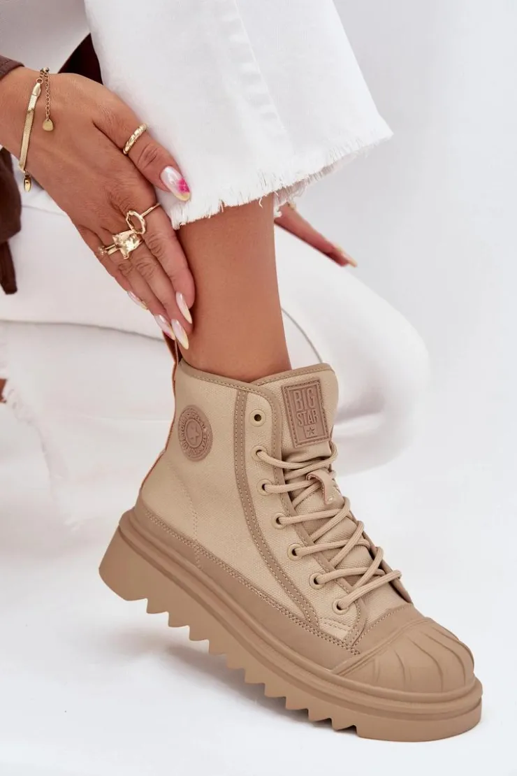 Outlet Big Star Shoes Wysokie Trampki Damskie Ocieplane Big Star OO274A356 Beżowe Beżowy
