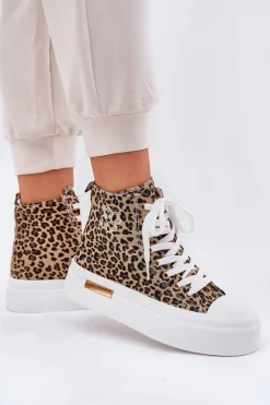 Online Boto Wysokie Trampki Damskie W Panterkę Na Platformie Brązowe Laviriona Brązowy