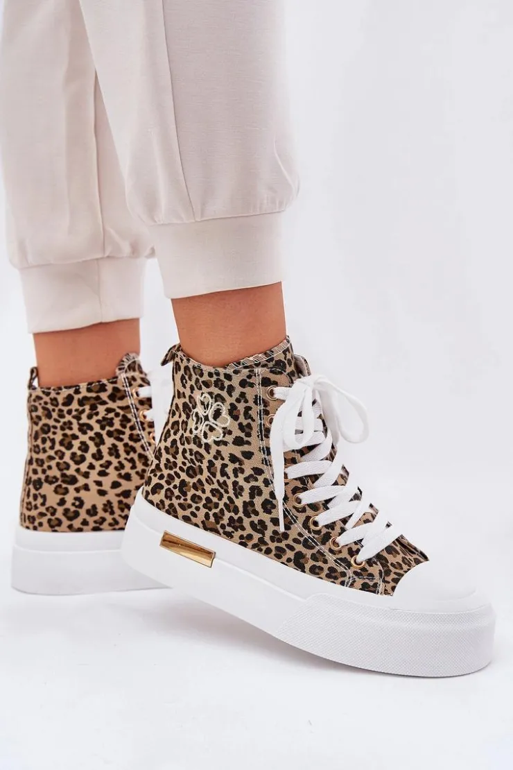 Online Boto Wysokie Trampki Damskie W Panterkę Na Platformie Brązowe Laviriona Brązowy