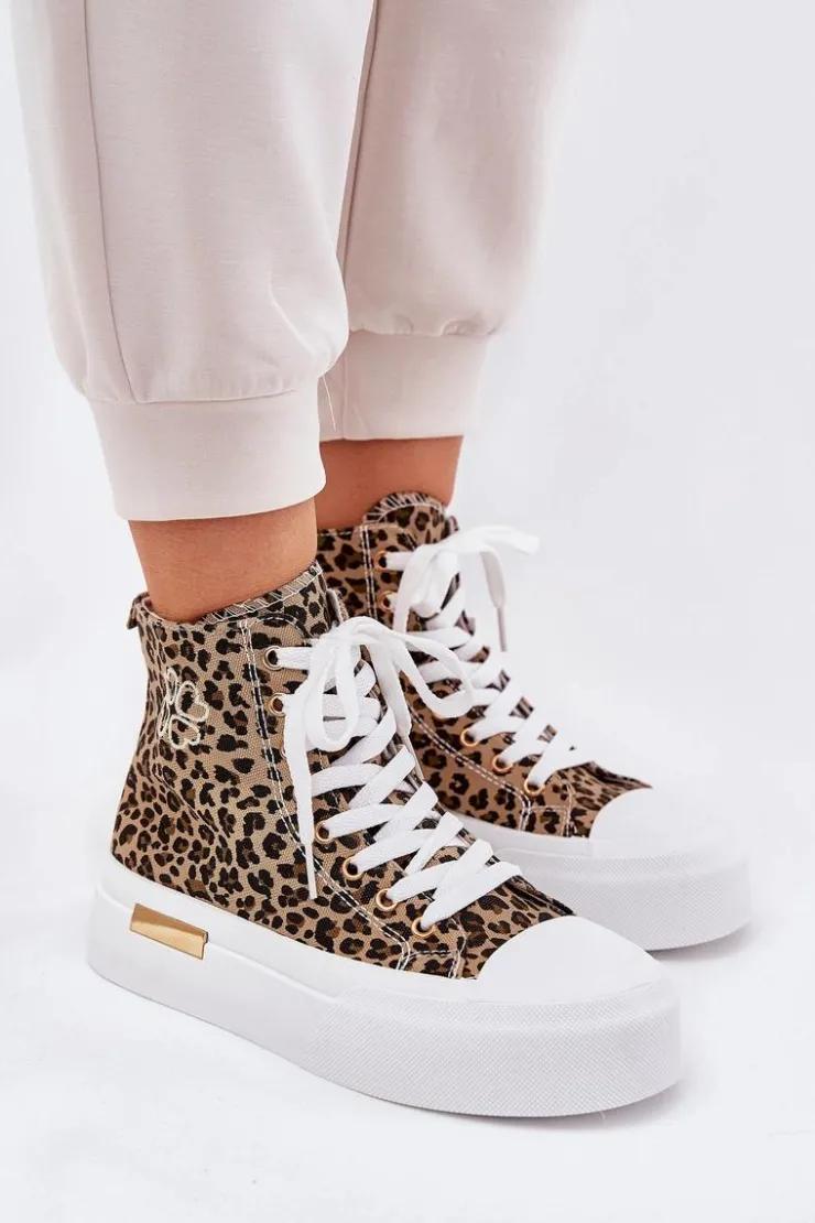 Online Boto Wysokie Trampki Damskie W Panterkę Na Platformie Brązowe Laviriona Brązowy
