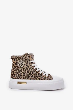 Online Boto Wysokie Trampki Damskie W Panterkę Na Platformie Brązowe Laviriona Brązowy