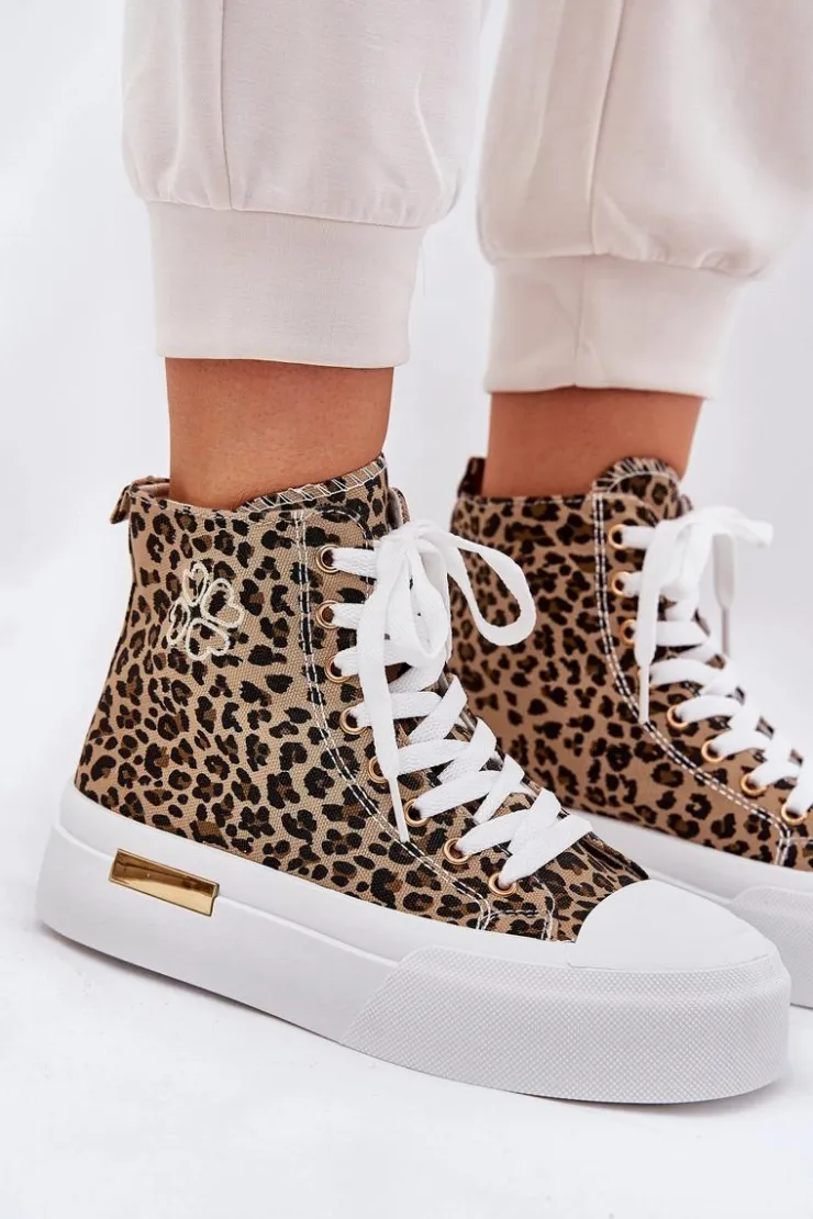 Online Boto Wysokie Trampki Damskie W Panterkę Na Platformie Brązowe Laviriona Brązowy