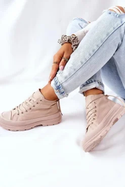 Damskie Boto Wysokie Trampki Na Dużej Podeszwie Beżowe Trissy