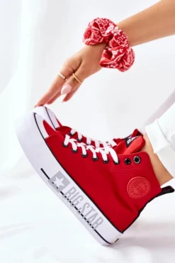Big Star Shoes Trampki Damskie Big Star|Trampki Damskie Wysokie*Wysokie Trampki Na Platformie Big Star II274018 Czerwone