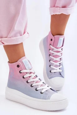 Big Star Shoes Trampki Damskie Big Star|Trampki Damskie Wysokie*Wysokie Trampki Na Platformie Big Star LL274A191 Różowo-Niebieskie