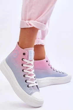 Big Star Shoes Trampki Damskie Big Star|Trampki Damskie Wysokie*Wysokie Trampki Na Platformie Big Star LL274A191 Różowo-Niebieskie