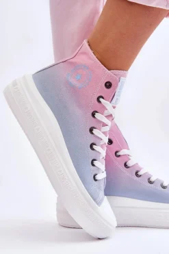 Big Star Shoes Trampki Damskie Big Star|Trampki Damskie Wysokie*Wysokie Trampki Na Platformie Big Star LL274A191 Różowo-Niebieskie