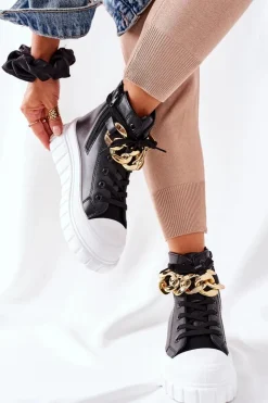 Damskie Boto Wysokie Trampki Na Platformie Czarne La Rocca