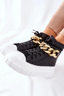 Damskie Boto Wysokie Trampki Na Platformie Czarne La Rocca