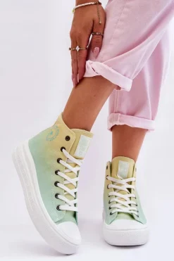 Damskie Big Star Shoes Wysokie Trampki Na Platformie Big Star LL274A190 Żółto-Zielone