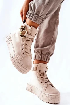 Damskie Boto Wysokie Trampki Na Platformie Jasnobeżowe Evenia