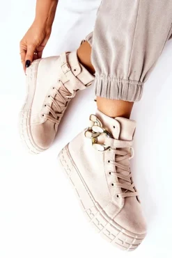 Damskie Boto Wysokie Trampki Na Platformie Jasnobeżowe Evenia