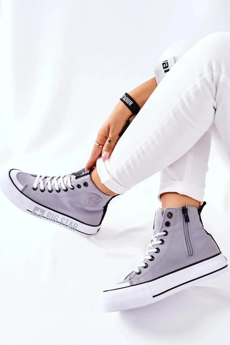 Big Star Shoes Trampki Damskie Big Star|Trampki Damskie Wysokie*Wysokie Trampki Na Platformie Big Star II274016 Szare
