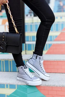 Big Star Shoes Trampki Damskie Big Star|Trampki Damskie Wysokie*Wysokie Trampki Na Platformie Big Star II274016 Szare