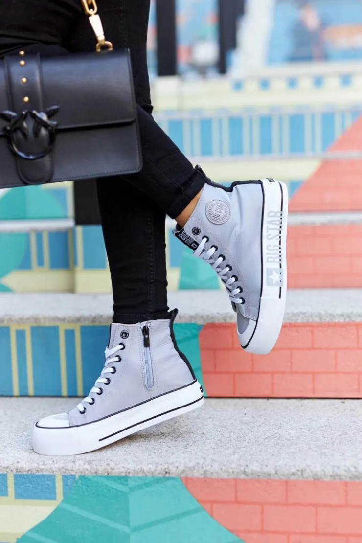 Big Star Shoes Trampki Damskie Big Star|Trampki Damskie Wysokie*Wysokie Trampki Na Platformie Big Star II274016 Szare