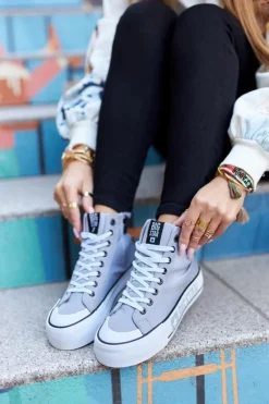 Big Star Shoes Trampki Damskie Big Star|Trampki Damskie Wysokie*Wysokie Trampki Na Platformie Big Star II274016 Szare