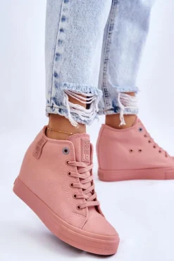 Big Star Shoes Trampki Damskie Big Star|Trampki Damskie Wysokie*Wysokie Trampki Na Ukrytym Koturnie Big Star LL274036 Różowe