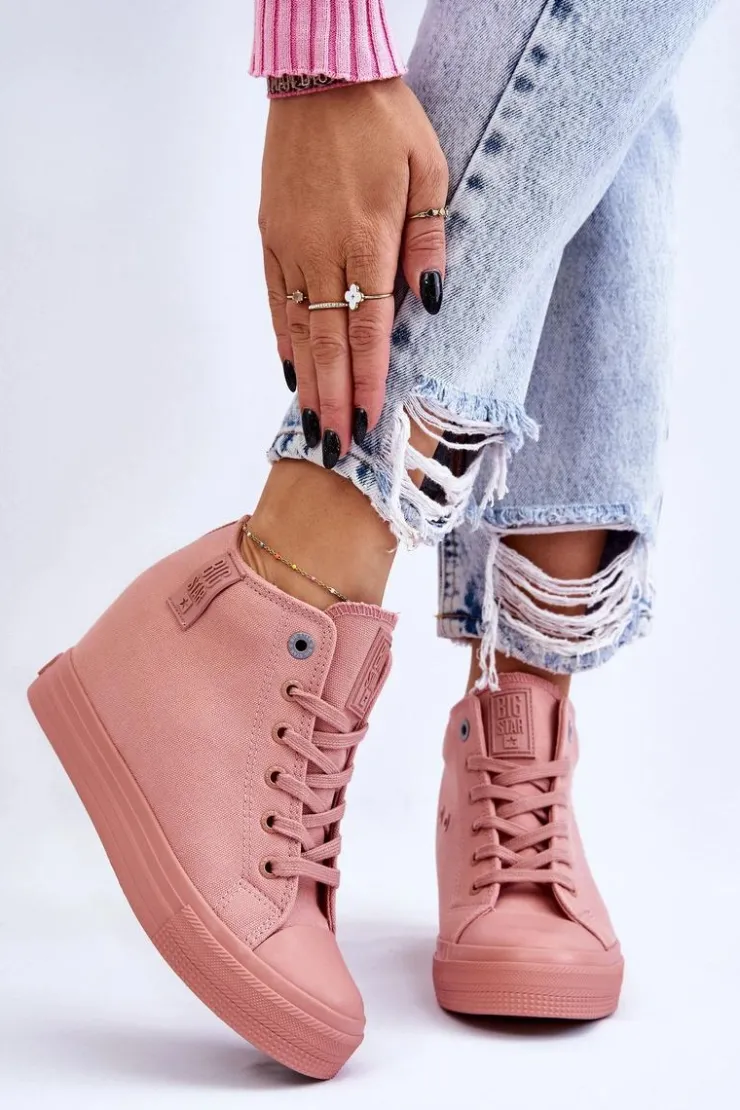 Big Star Shoes Trampki Damskie Big Star|Trampki Damskie Wysokie*Wysokie Trampki Na Ukrytym Koturnie Big Star LL274036 Różowe