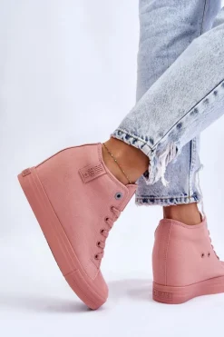 Big Star Shoes Trampki Damskie Big Star|Trampki Damskie Wysokie*Wysokie Trampki Na Ukrytym Koturnie Big Star LL274036 Różowe