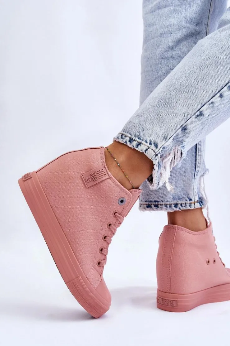 Big Star Shoes Trampki Damskie Big Star|Trampki Damskie Wysokie*Wysokie Trampki Na Ukrytym Koturnie Big Star LL274036 Różowe