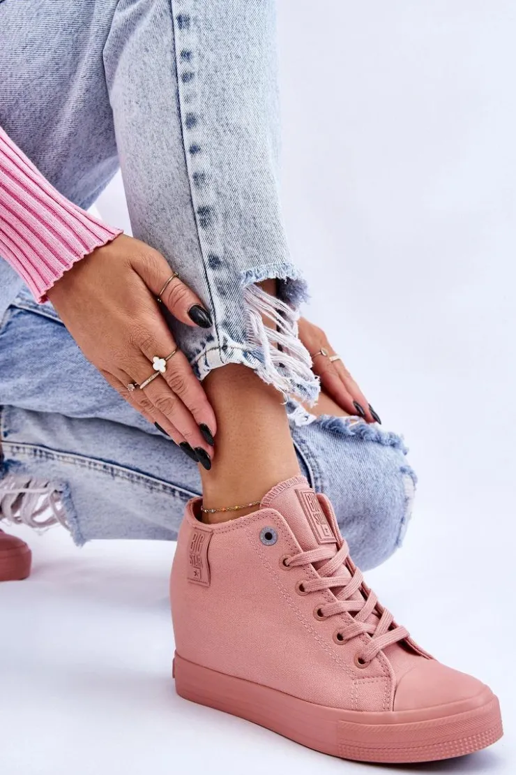 Big Star Shoes Trampki Damskie Big Star|Trampki Damskie Wysokie*Wysokie Trampki Na Ukrytym Koturnie Big Star LL274036 Różowe