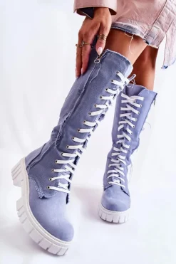 Damskie Boto Wysokie Wiązane Kozaki Trapery Niebieskie Kayra