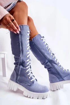 Damskie Boto Wysokie Wiązane Kozaki Trapery Niebieskie Kayra