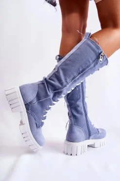 Damskie Boto Wysokie Wiązane Kozaki Trapery Niebieskie Kayra
