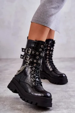 Sale Boto Wysokie Workery Botki Z Łańcuchem Wężowe Czarne Montero