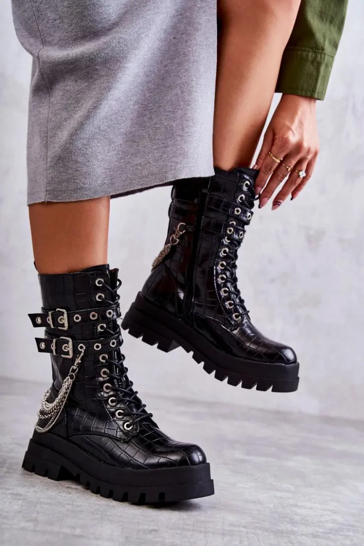 Sale Boto Wysokie Workery Botki Z Łańcuchem Wężowe Czarne Montero