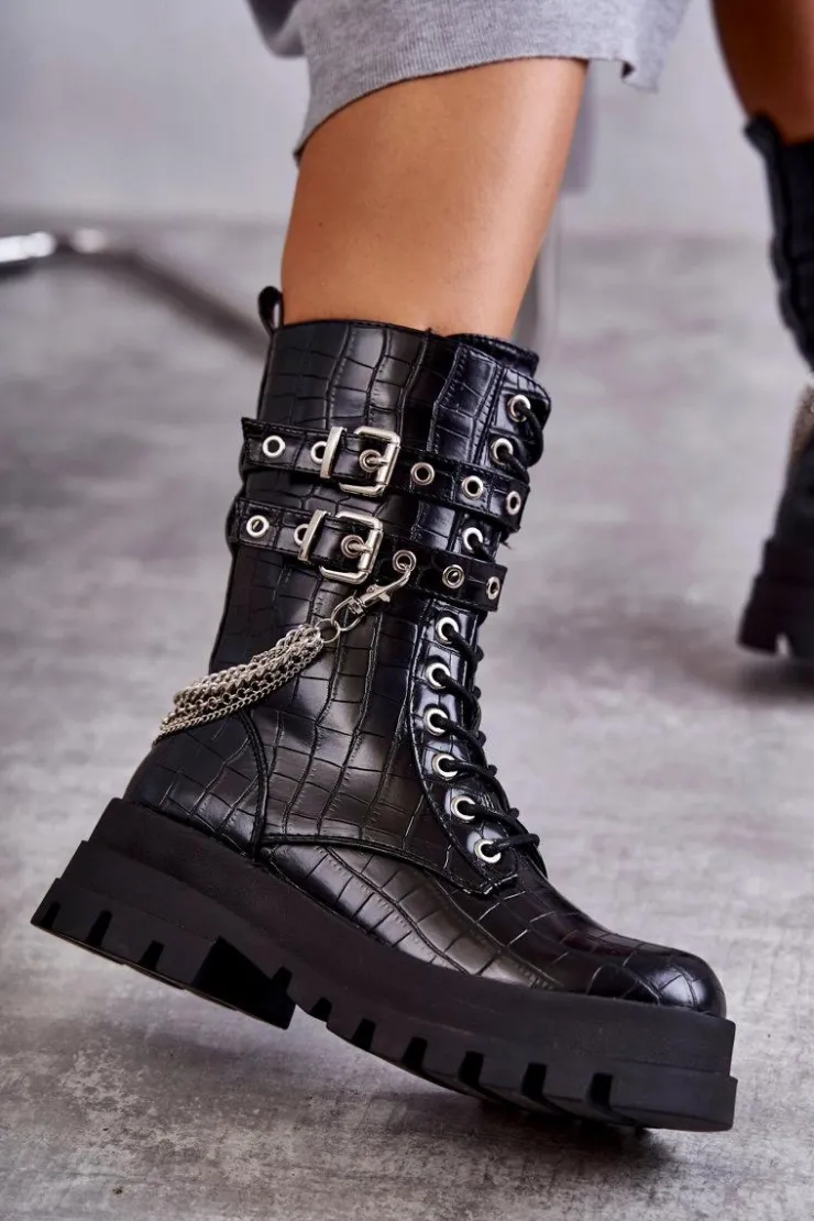 Sale Boto Wysokie Workery Botki Z Łańcuchem Wężowe Czarne Montero