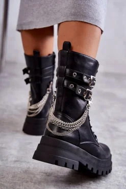 Boto Botki Sznurowane|Czarne Botki*Wysokie Workery Botki Z Łańcuchem Czarne Montero