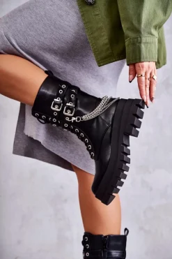 Boto Botki Sznurowane|Czarne Botki*Wysokie Workery Botki Z Łańcuchem Czarne Montero