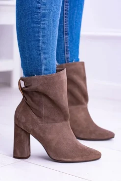 Hot Laura Messi Wysokie Zamszowe Botki na Słupku Khaki 1857