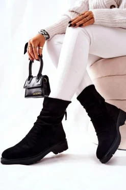 Discount Boto Wysokie Zamszowe Marszczone Botki Czarne Trishia