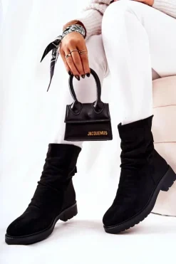 Discount Boto Wysokie Zamszowe Marszczone Botki Czarne Trishia