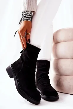 Discount Boto Wysokie Zamszowe Marszczone Botki Czarne Trishia