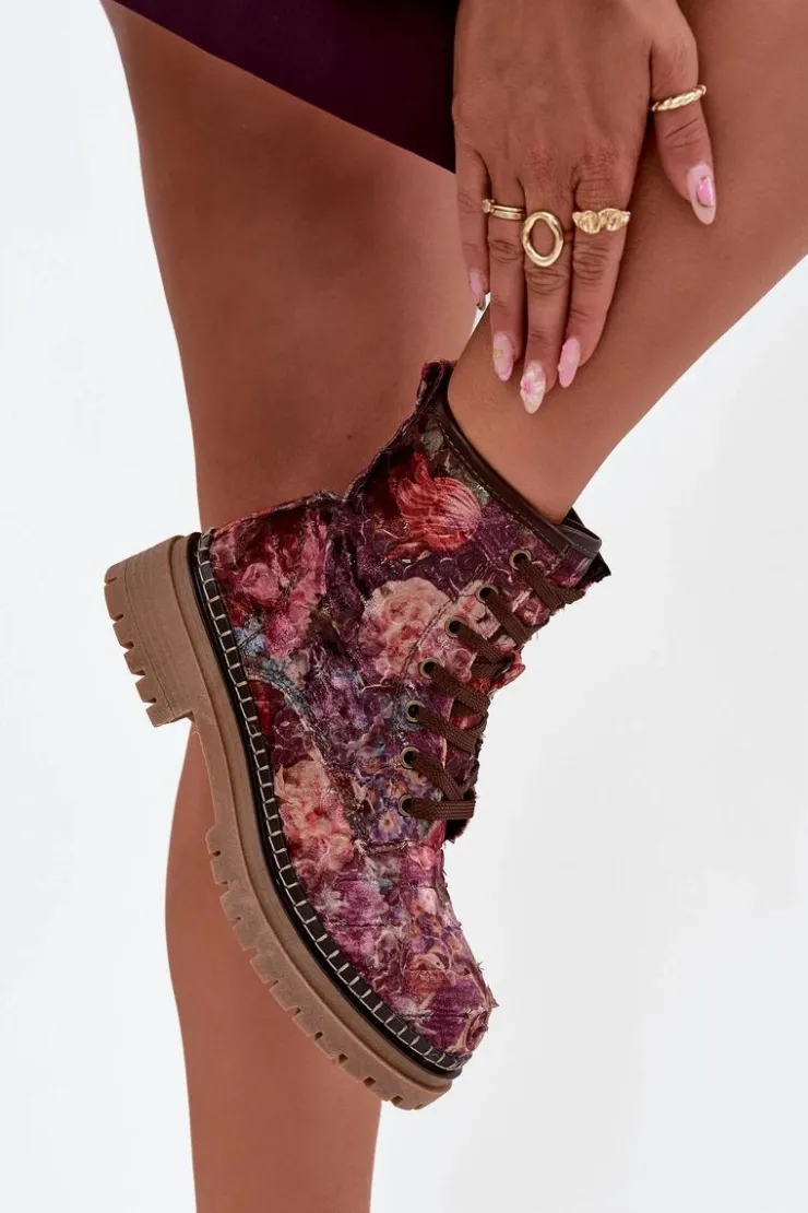 Hot Artiker Wzorzyste Botki Damskie Ocieplane 57C1055 Bordowe Czerwony