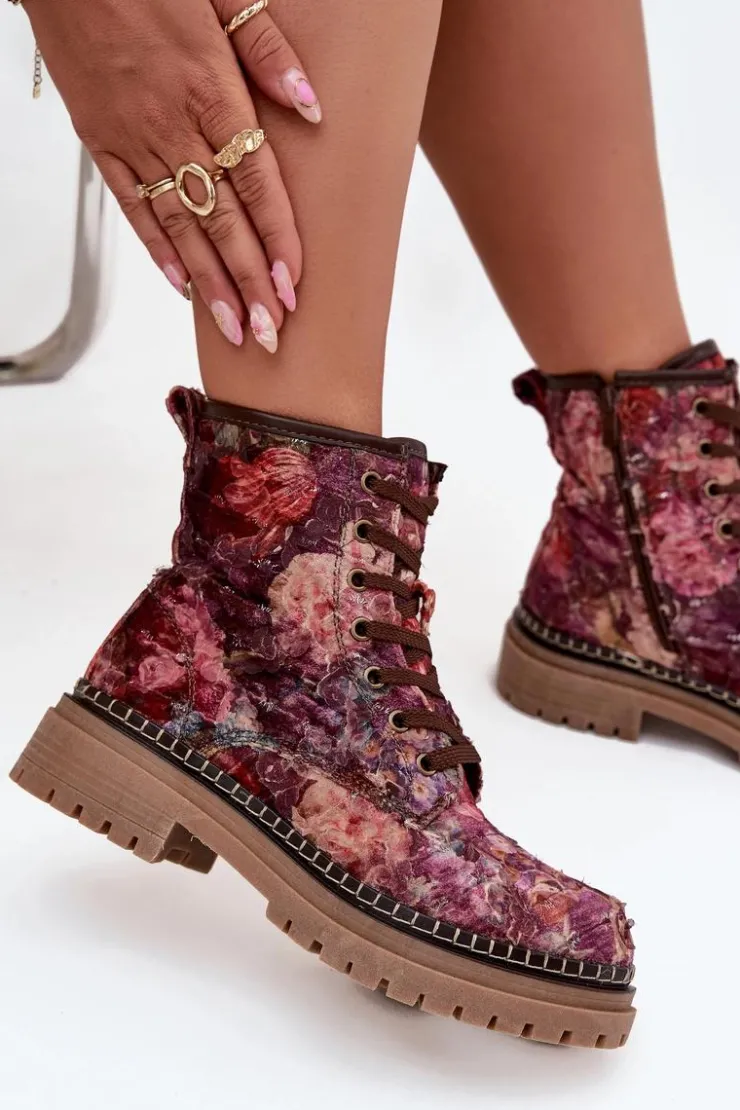Hot Artiker Wzorzyste Botki Damskie Ocieplane 57C1055 Bordowe Czerwony